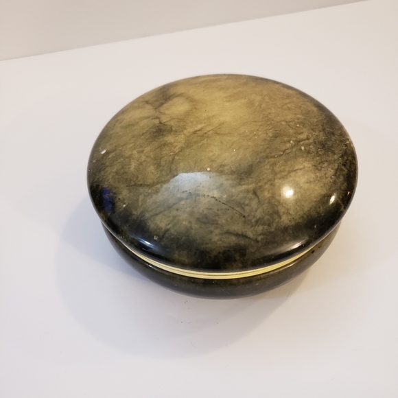 Genuine Alabaster Circular Trinket Box Green Tan